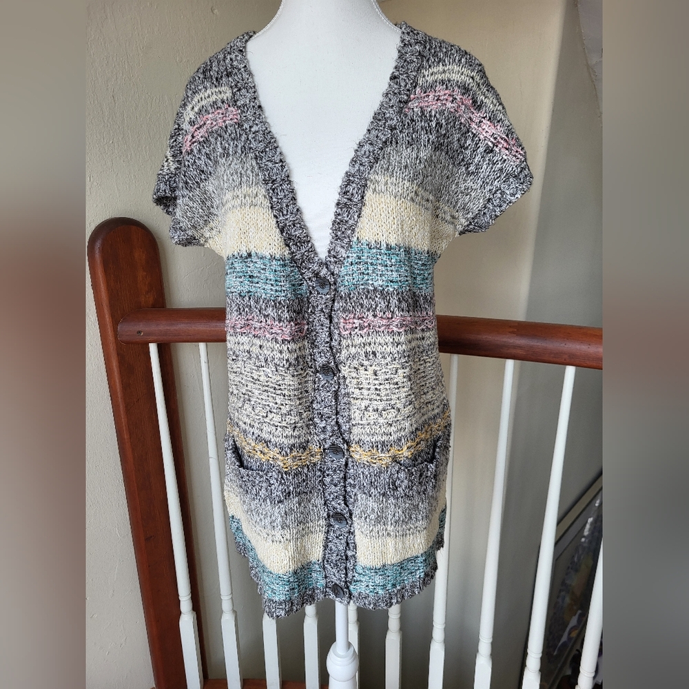 Knit tunic sweater button front short sleeve soft multi color size medium